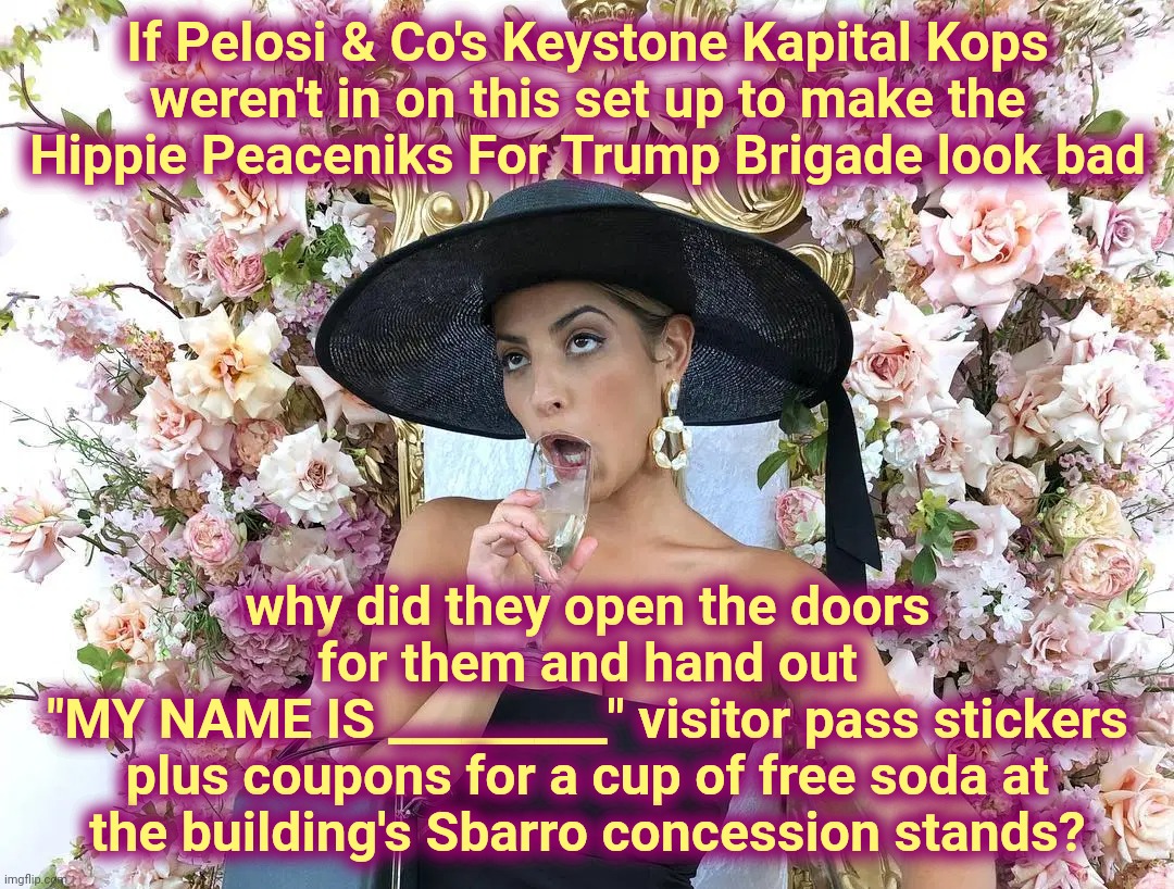 Jade Tunchy | If Pelosi & Co's Keystone Kapital Kops
weren't in on this set up to make the
Hippie Peaceniks For Trump Brigade look bad why did they open t | made w/ Imgflip meme maker