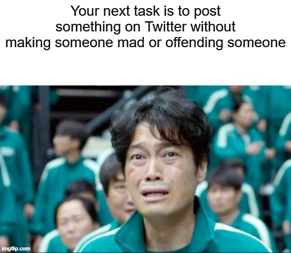 Your next task is to- | Your next task is to post something on Twitter without making someone mad or offending someone | image tagged in your next task is to- | made w/ Imgflip meme maker