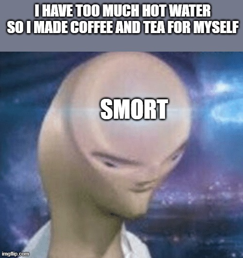 SMORT |  I HAVE TOO MUCH HOT WATER SO I MADE COFFEE AND TEA FOR MYSELF; SMORT | image tagged in smort,hot,wot,haha | made w/ Imgflip meme maker