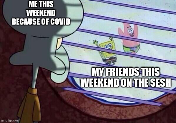 Got tested positive for COVID on Wednesday. My weekend is ruined | ME THIS WEEKEND BECAUSE OF COVID; MY FRIENDS THIS WEEKEND ON THE SESH | image tagged in squidward window,memes,weekend,sesh | made w/ Imgflip meme maker