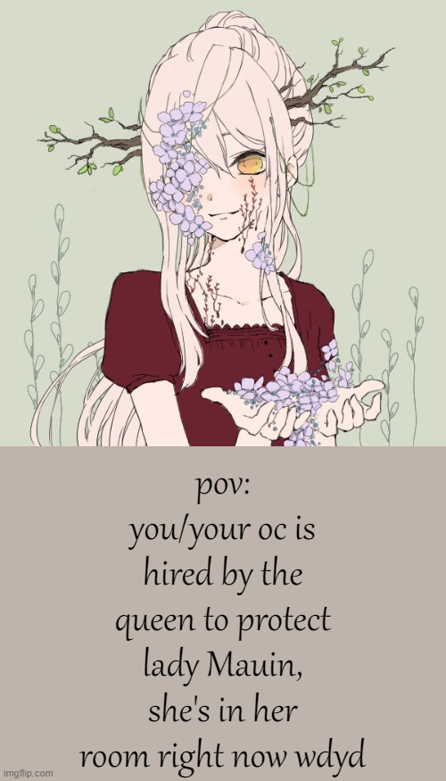 her description and the rp rules are in the comments | pov: you/your oc is hired by the queen to protect lady Mauin, she's in her room right now wdyd | image tagged in mauin | made w/ Imgflip meme maker