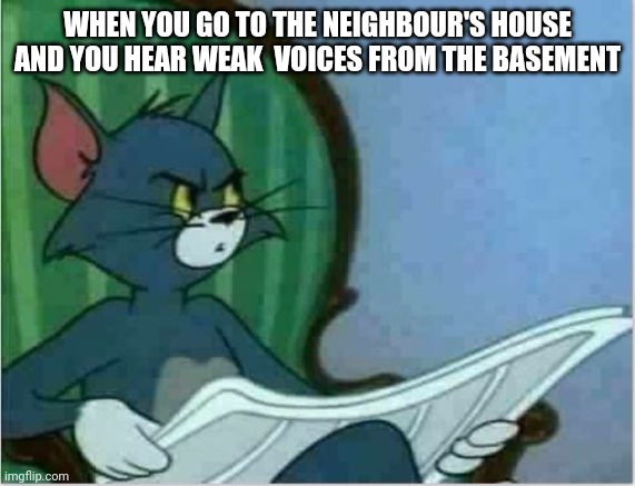 Does this belong to dark humor? | WHEN YOU GO TO THE NEIGHBOUR'S HOUSE AND YOU HEAR WEAK  VOICES FROM THE BASEMENT | image tagged in interrupting tom's read | made w/ Imgflip meme maker