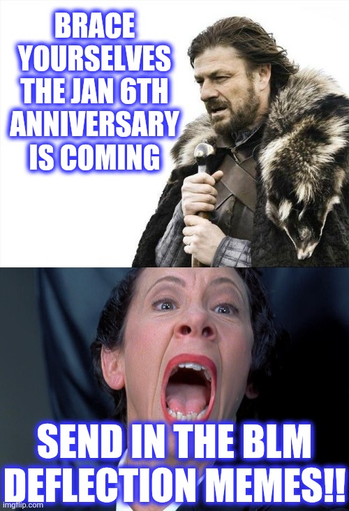 BRACE YOURSELVES
THE JAN 6TH ANNIVERSARY
IS COMING SEND IN THE BLM
DEFLECTION MEMES!! | image tagged in memes,brace yourselves x is coming,frau farbissina | made w/ Imgflip meme maker