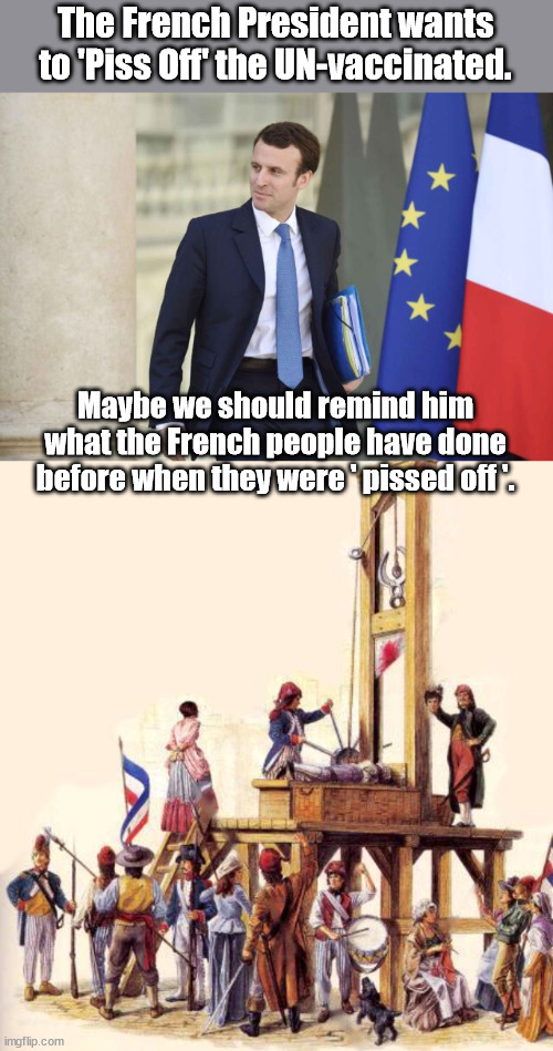 History Repeating Itself? | The French President wants to 'Piss Off' the UN-vaccinated. Maybe we should remind him what the French people have done before when they were ' pissed off '. | image tagged in emmanuel macron,france | made w/ Imgflip meme maker