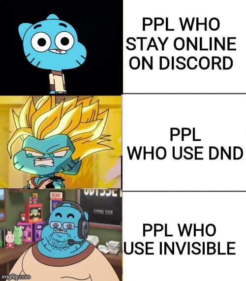 Yea all of my discord gfs do | PPL WHO STAY ONLINE ON DISCORD; PPL WHO USE DND; PPL WHO USE INVISIBLE | image tagged in best better blurst but with gumball | made w/ Imgflip meme maker