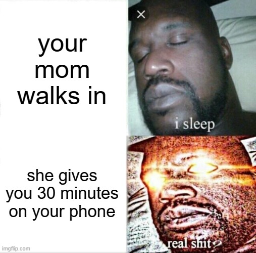 Sleeping Shaq | your mom walks in; she gives you 30 minutes on your phone | image tagged in memes,sleeping shaq | made w/ Imgflip meme maker