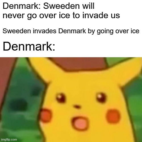 Denmark be like | Denmark: Sweeden will never go over ice to invade us; Sweeden invades Denmark by going over ice; Denmark: | image tagged in memes,surprised pikachu | made w/ Imgflip meme maker