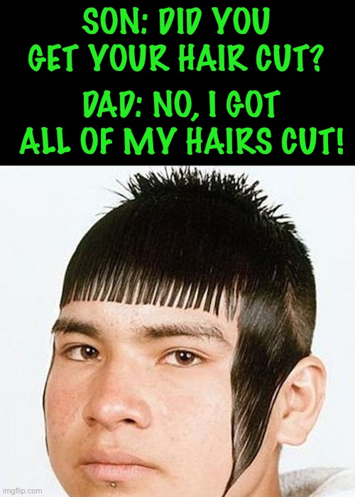 Bad joke | SON: DID YOU GET YOUR HAIR CUT? DAD: NO, I GOT ALL OF MY HAIRS CUT! | image tagged in bad haircut | made w/ Imgflip meme maker