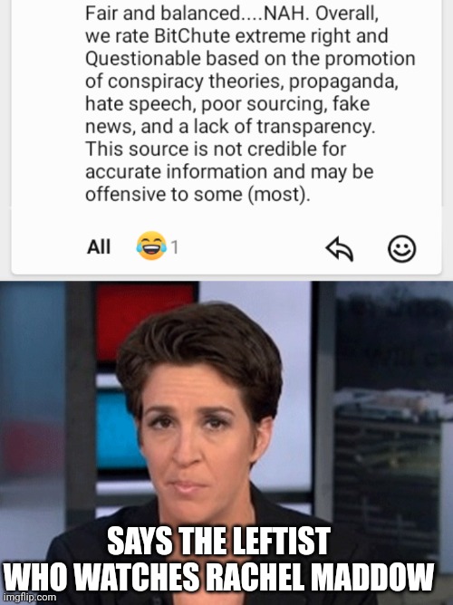 SAYS THE LEFTIST WHO WATCHES RACHEL MADDOW | image tagged in rachel maddow | made w/ Imgflip meme maker