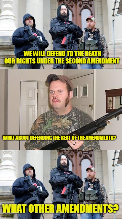 Remember when we taught civics in school? That was when we funded schools | WE WILL DEFEND TO THE DEATH OUR RIGHTS UNDER THE SECOND AMENDMENT; WHAT ABOUT DEFENDING THE REST OF THE AMENDMENTS? WHAT OTHER AMENDMENTS? | image tagged in boogaloo bois michigan militia,redneck wonder | made w/ Imgflip meme maker