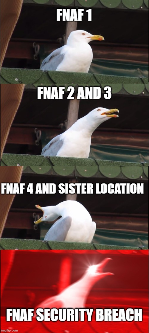 Inhaling Seagull | FNAF 1; FNAF 2 AND 3; FNAF 4 AND SISTER LOCATION; FNAF SECURITY BREACH | image tagged in memes,inhaling seagull | made w/ Imgflip meme maker