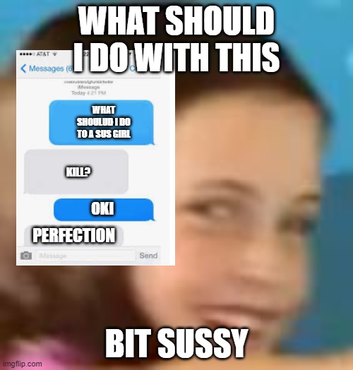 what shuold i doo | WHAT SHOULD I DO WITH THIS; WHAT SHOULUD I DO TO A SUS GIRL; KILL? OKI; PERFECTION; BIT SUSSY | image tagged in killing,please help me | made w/ Imgflip meme maker