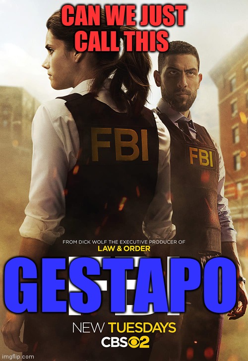 The New New FBI |  CAN WE JUST CALL THIS; GESTAPO | image tagged in american politics,nazis,mind control,gas,light | made w/ Imgflip meme maker