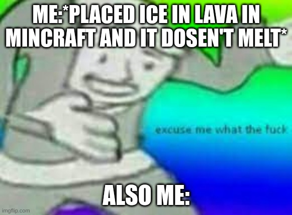 i think there is somthing wrong here | ME:*PLACED ICE IN LAVA IN MINCRAFT AND IT DOSEN'T MELT*; ALSO ME: | image tagged in exuse me wtf | made w/ Imgflip meme maker