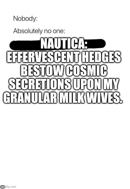 A random lost light quote from issue #8 | NAUTICA: EFFERVESCENT HEDGES BESTOW COSMIC SECRETIONS UPON MY GRANULAR MILK WIVES. AG17 | image tagged in nobody absolutely no one,lostlight,nautica,effervescenthedgesbestowcosmicsecretionsuponmygranularmilkwives,randomquote | made w/ Imgflip meme maker
