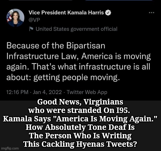 Good News, Virginians who were stranded On I95 | Good News, Virginians who were stranded On I95. 
Kamala Says "America Is Moving Again."

How Absolutely Tone Deaf Is The Person Who Is Writing This Cackling Hyenas Tweets? | image tagged in kamala harris,bird,brain,hyena | made w/ Imgflip meme maker