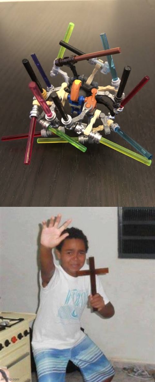 Droid the lord of many sabers | image tagged in scared kid,lego,droid | made w/ Imgflip meme maker