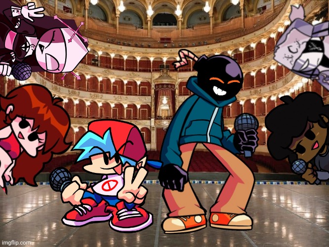 BF, GF, Whitty, Carol, Sarv, Ruv at the Rome Opera House after they went to Colosseum last year | image tagged in boyfriend,whitty,sarvente,opera,rome,friday night funkin | made w/ Imgflip meme maker