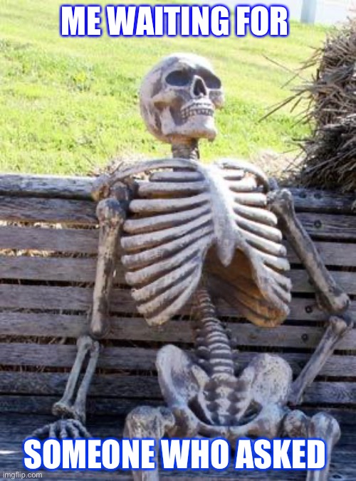Waiting Skeleton | ME WAITING FOR; SOMEONE WHO ASKED | image tagged in memes,waiting skeleton | made w/ Imgflip meme maker