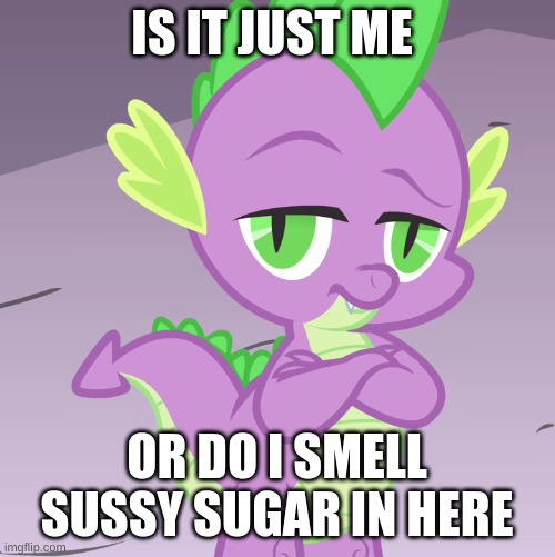 Disappointed Spike (MLP) | IS IT JUST ME OR DO I SMELL SUSSY SUGAR IN HERE | image tagged in disappointed spike mlp | made w/ Imgflip meme maker