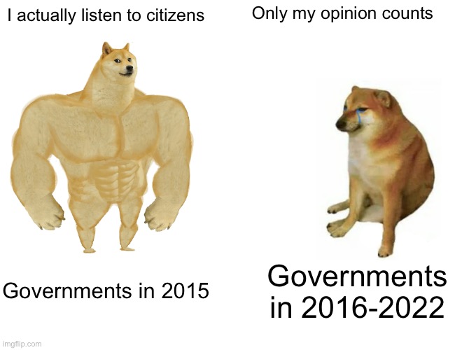 Government evolution |  Only my opinion counts; I actually listen to citizens; Governments in 2015; Governments in 2016-2022 | image tagged in memes,buff doge vs cheems,government,dictator,donald trump,boris johnson | made w/ Imgflip meme maker