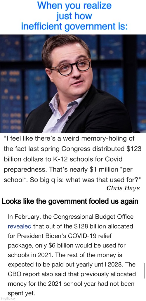 Large bills with catchy names = deception | When you realize just how inefficient government is:; Chris Hays; Looks like the government fooled us again | image tagged in politics lol,government corruption,memes,derp,idiocy | made w/ Imgflip meme maker