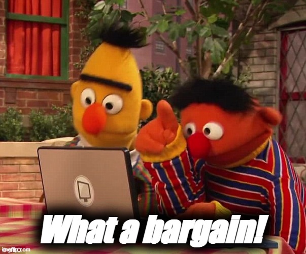 Bert and Ernie on the dark web | What a bargain! | image tagged in bert and ernie on the dark web | made w/ Imgflip meme maker