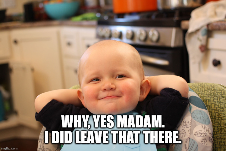 Baby Boss Relaxed Smug Content | WHY, YES MADAM. I DID LEAVE THAT THERE. | image tagged in baby boss relaxed smug content | made w/ Imgflip meme maker