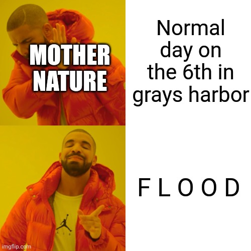 I am living in my aunt's house for now because of it. | Normal day on the 6th in grays harbor; MOTHER NATURE; F L O O D | image tagged in memes,drake hotline bling | made w/ Imgflip meme maker