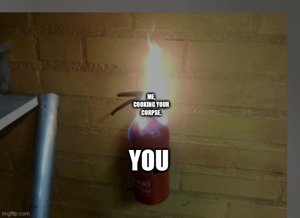 Literally a FIRE extinguisher | YOU ME, COOKING YOUR CORPSE. | image tagged in literally a fire extinguisher | made w/ Imgflip meme maker