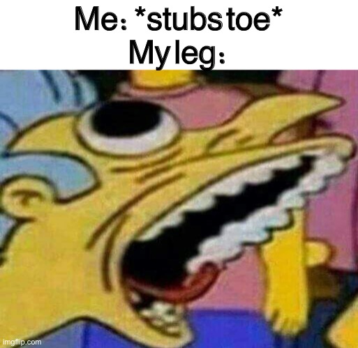 Ouch | Me: *stubs toe*
My leg: | image tagged in when u stub ur toe | made w/ Imgflip meme maker