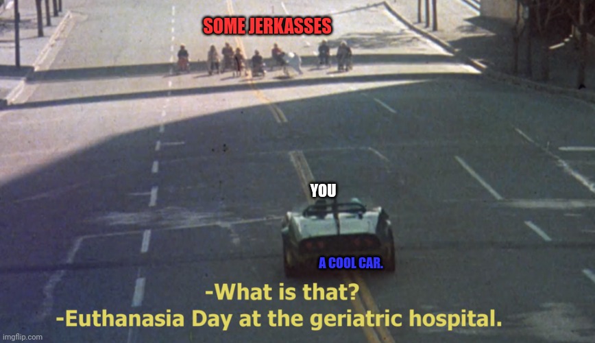 Death Race 2000 Euthanasia Day | SOME JERKASSES YOU A COOL CAR. | image tagged in death race 2000 euthanasia day | made w/ Imgflip meme maker