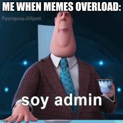 soy admin | ME WHEN MEMES OVERLOAD: | image tagged in soy admin | made w/ Imgflip meme maker