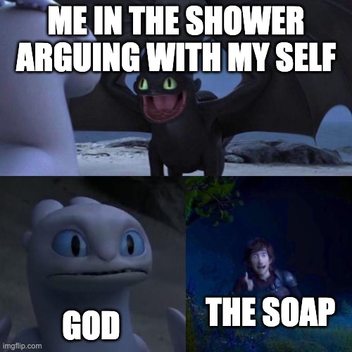 Toothless presents himself | ME IN THE SHOWER ARGUING WITH MY SELF; GOD; THE SOAP | image tagged in toothless presents himself | made w/ Imgflip meme maker