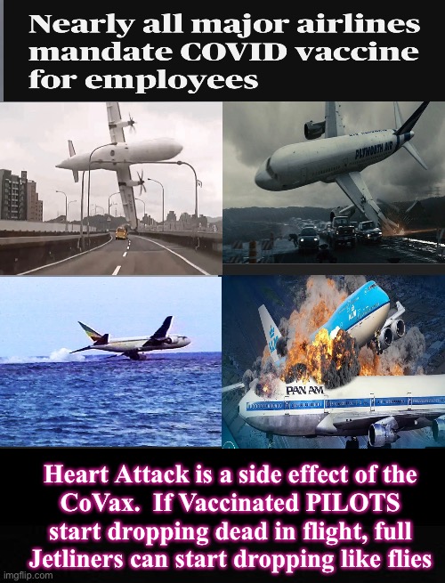 Did THEY (You) ever consider That?!  (They did) | Heart Attack is a side effect of the
CoVax.  If Vaccinated PILOTS
start dropping dead in flight, full
Jetliners can start dropping like flies | image tagged in memes,vaccines,vaccinations,mandates,bloodbath carnage death massacre slaughter,depopulation crash the economy take over | made w/ Imgflip meme maker