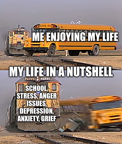 How my life be like for some damn reason | ME ENJOYING MY LIFE; MY LIFE IN A NUTSHELL; SCHOOL, STRESS, ANGER ISSUES, DEPRESSION, ANXIETY, GRIEF | image tagged in a train hitting a school bus | made w/ Imgflip meme maker