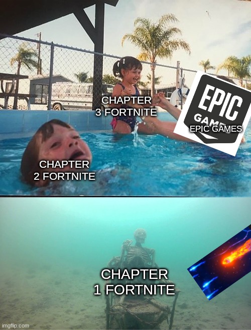 Mother Ignoring Kid Drowning In A Pool | CHAPTER 3 FORTNITE; EPIC GAMES; CHAPTER 2 FORTNITE; CHAPTER 1 FORTNITE | image tagged in mother ignoring kid drowning in a pool | made w/ Imgflip meme maker