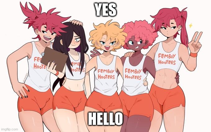 Femboy Hooters | YES; HELLO | image tagged in femboy hooters | made w/ Imgflip meme maker