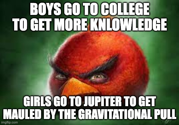 Realistic Red Angry Birds | BOYS GO TO COLLEGE TO GET MORE KNLOWLEDGE; GIRLS GO TO JUPITER TO GET MAULED BY THE GRAVITATIONAL PULL | image tagged in realistic red angry birds | made w/ Imgflip meme maker