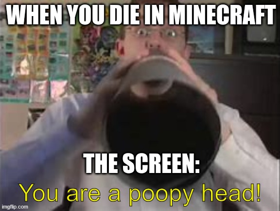 death screen | WHEN YOU DIE IN MINECRAFT; THE SCREEN: | image tagged in you are a poopy head | made w/ Imgflip meme maker