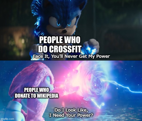 donate to wikipedia NOW | PEOPLE WHO DO CROSSFIT; PEOPLE WHO DONATE TO WIKIPEDIA | image tagged in do i look like i need your power meme | made w/ Imgflip meme maker