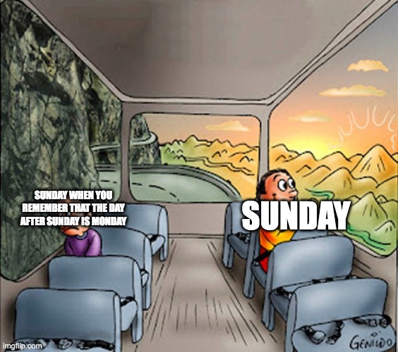 2 people on a bus | SUNDAY; SUNDAY WHEN YOU REMEMBER THAT THE DAY AFTER SUNDAY IS MONDAY | image tagged in 2 people on a bus | made w/ Imgflip meme maker