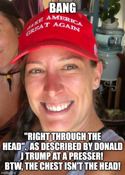 Ashli Babbitt | BANG "RIGHT THROUGH THE HEAD".  AS DESCRIBED BY DONALD J TRUMP AT A PRESSER!  BTW, THE CHEST ISN'T THE HEAD! | image tagged in ashli babbitt | made w/ Imgflip meme maker
