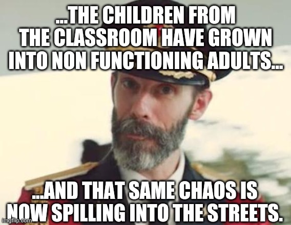 Captain Obvious | ...THE CHILDREN FROM THE CLASSROOM HAVE GROWN INTO NON FUNCTIONING ADULTS... ...AND THAT SAME CHAOS IS NOW SPILLING INTO THE STREETS. | image tagged in captain obvious | made w/ Imgflip meme maker