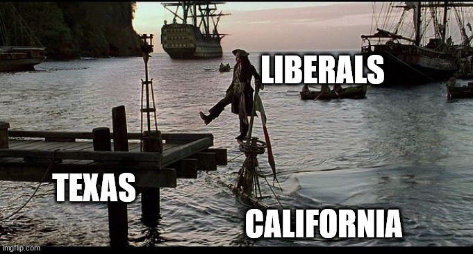 Leaving California for Texas | LIBERALS; TEXAS                                             
                              CALIFORNIA | image tagged in jack sparrow sinking ship | made w/ Imgflip meme maker