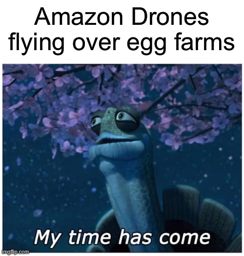 Egg inc. joke | Amazon Drones flying over egg farms | image tagged in my time has come | made w/ Imgflip meme maker