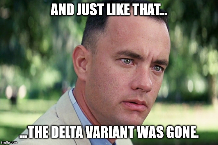 Just Like That - Delta Variant | AND JUST LIKE THAT... ...THE DELTA VARIANT WAS GONE. | image tagged in memes,and just like that | made w/ Imgflip meme maker