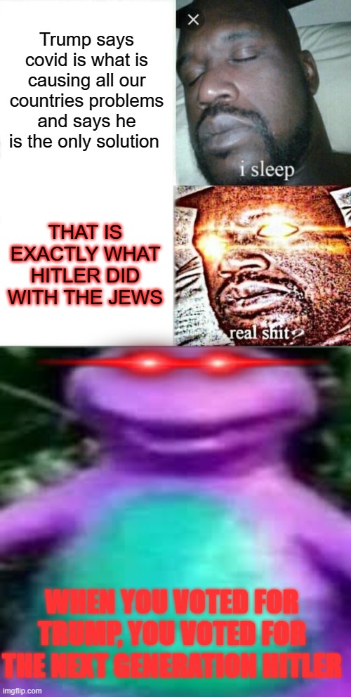Hitler=Trump | Trump says covid is what is causing all our countries problems and says he is the only solution; THAT IS EXACTLY WHAT HITLER DID WITH THE JEWS; WHEN YOU VOTED FOR TRUMP, YOU VOTED FOR THE NEXT GENERATION HITLER | image tagged in memes,sleeping shaq | made w/ Imgflip meme maker