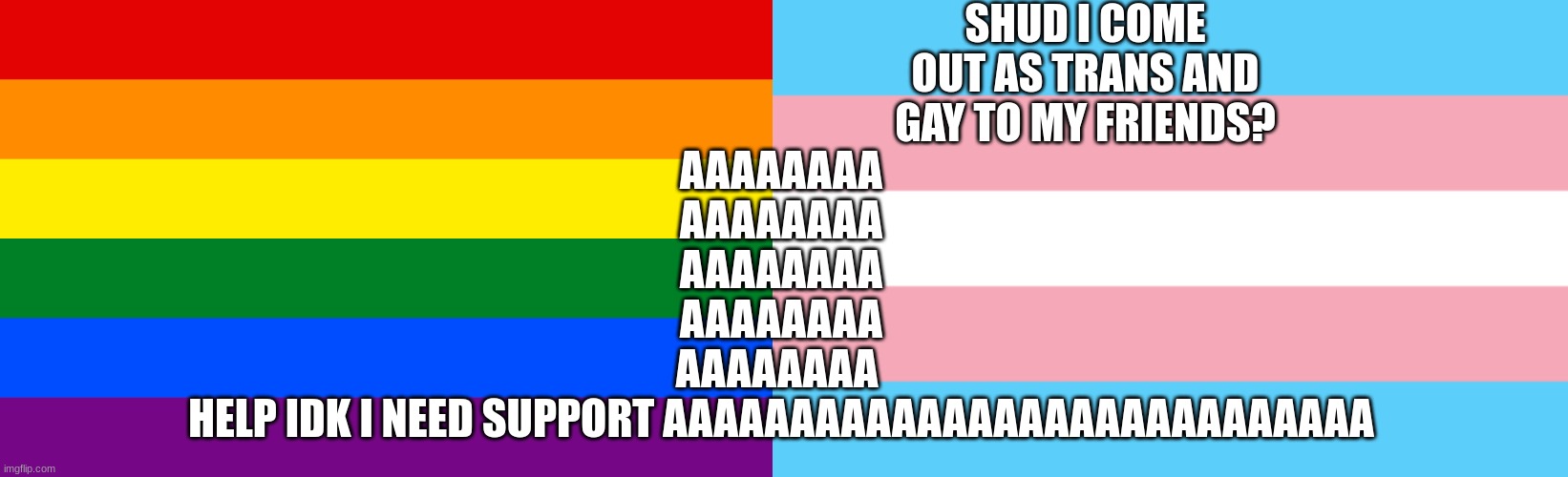 SHUD I COME OUT AS TRANS AND GAY TO MY FRIENDS? AAAAAAAA
AAAAAAAA
AAAAAAAA
AAAAAAAA
AAAAAAAA 
HELP IDK I NEED SUPPORT AAAAAAAAAAAAAAAAAAAAAAAAAAAA | image tagged in pride flag,trans flag | made w/ Imgflip meme maker