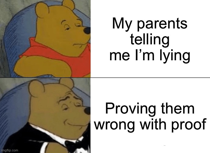 Tuxedo Winnie The Pooh | My parents telling me I’m lying; Proving them wrong with proof | image tagged in memes,tuxedo winnie the pooh | made w/ Imgflip meme maker